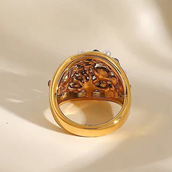 Gold Plated Multicolor Zircon, Pearl Statement Ring - Picture 6 of 7